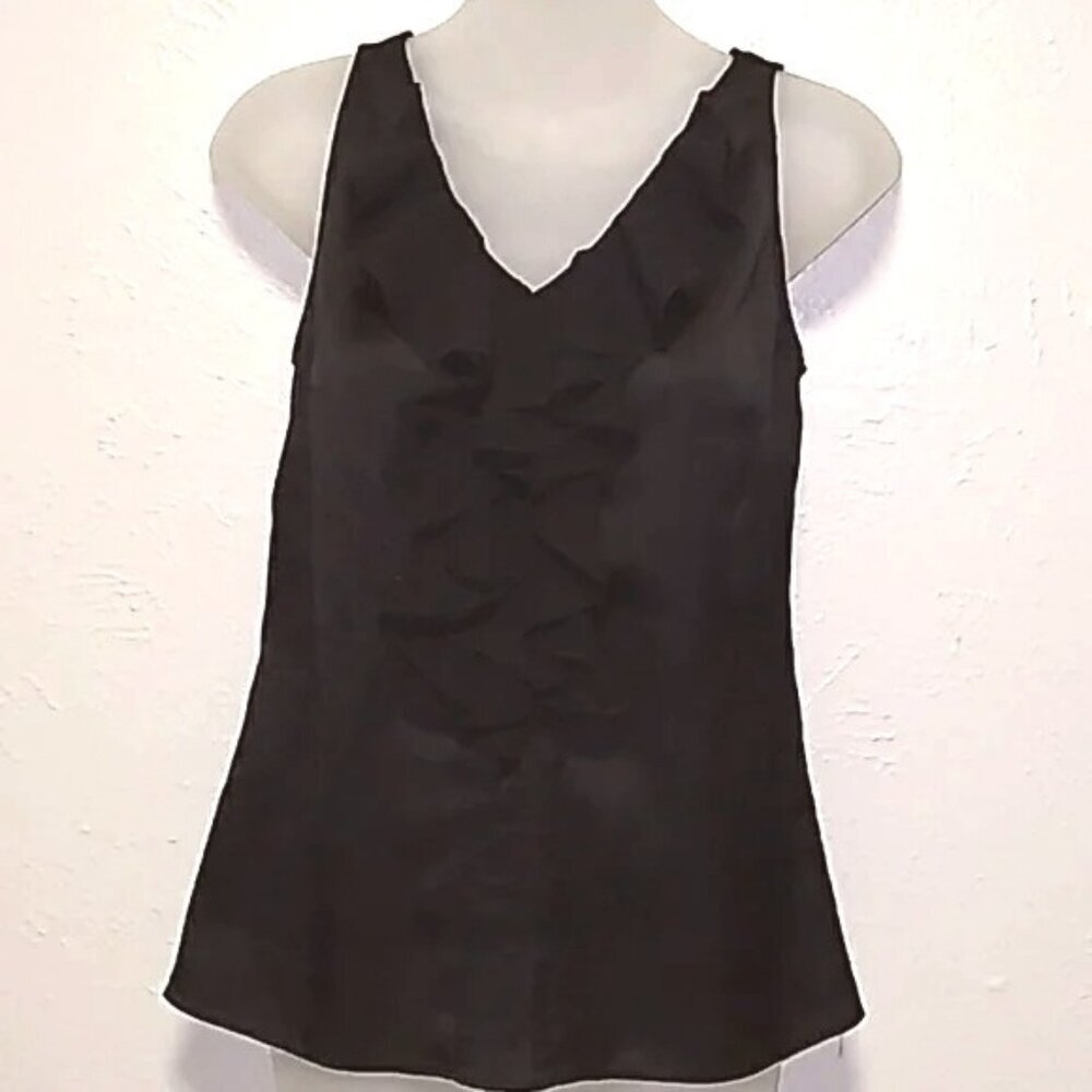 White House Black Market Ruffle V-Neck Black Blouse